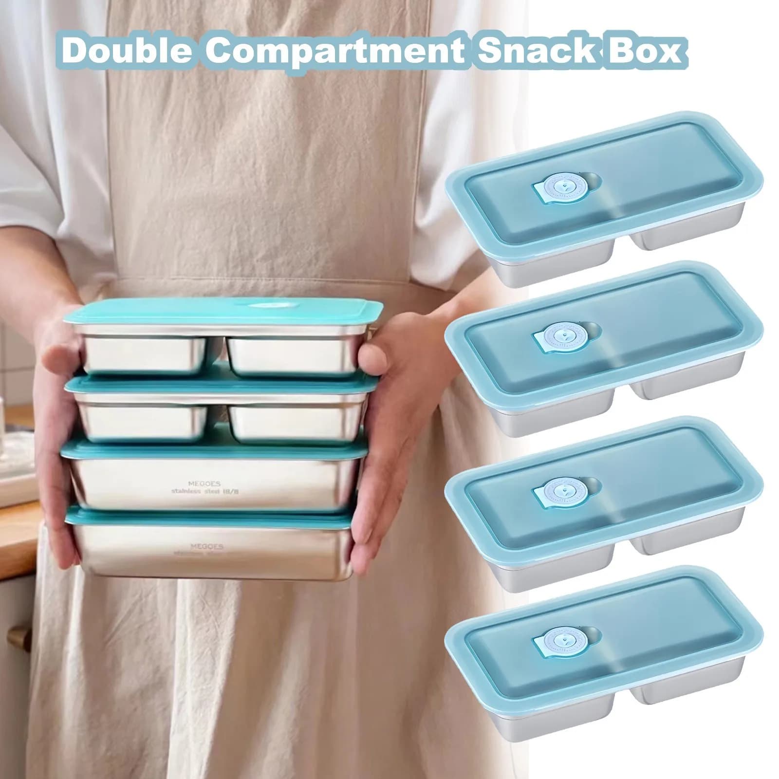 Contenitore per Pranzo in Acciaio Inox con Coperchi, Scatola per Snack a Doppio Scomparto, Contenitori Ermetici per Picnic, Frutta, Insalata e Alimenti