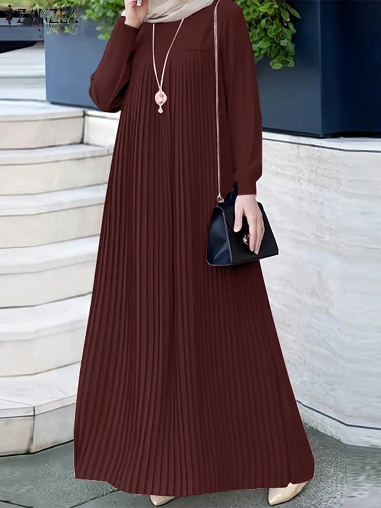 2025 ZANZEA Musulmano Abaya Hijab Vestito Delle Donne Elegante Manica Lunga Pieghettato Vestito Estivo Moda Casual Abbigliamento IsIamico Dubai Maxi Robe