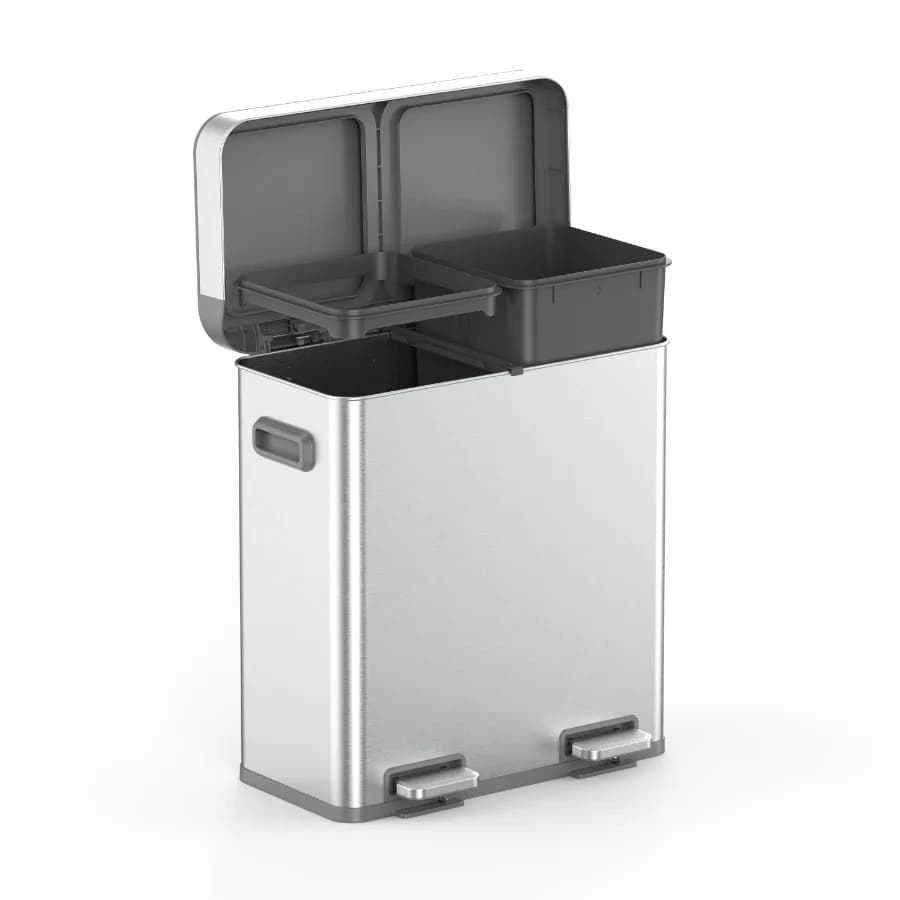 Kitchen Trash Can 18 Gallon Stainless Steel Recycle Step Garbage Bin with Dual Compartment Lid Silver