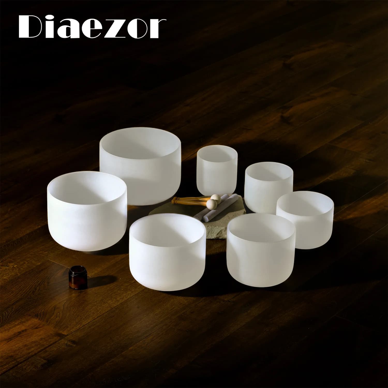 Diaezor 6 -12 Inch White Frosted Quartz Crystal Singing Bowls Set of 7Pcs for Sound Healing with Bags
