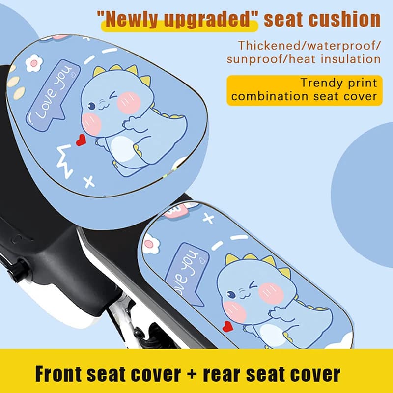,W,ZZ Electric Car Seat Cover, Solar Protection, Thermal Insulation, Anti-slip, Leather, Protective Cover for Electric Bikes with Cartoon Drawings
