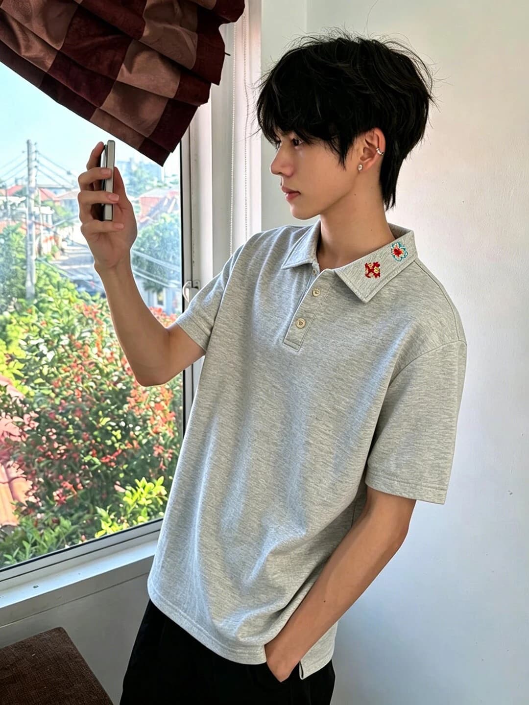 Gray Embroidered Shoulder T-Shirt Men's Summer Casual Handsome High-End Feeling Shirt Short Sleeve Youth Leisure Half Sl...