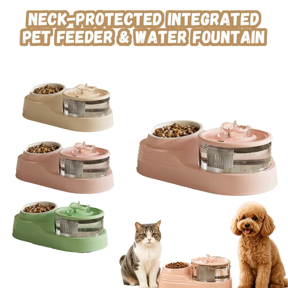 2-in-1 Pet Feeder + Water Fountain Automatic Filter USB Rechargeable Silent Cat Water Drinker Neck Protection Pet Food Bowl