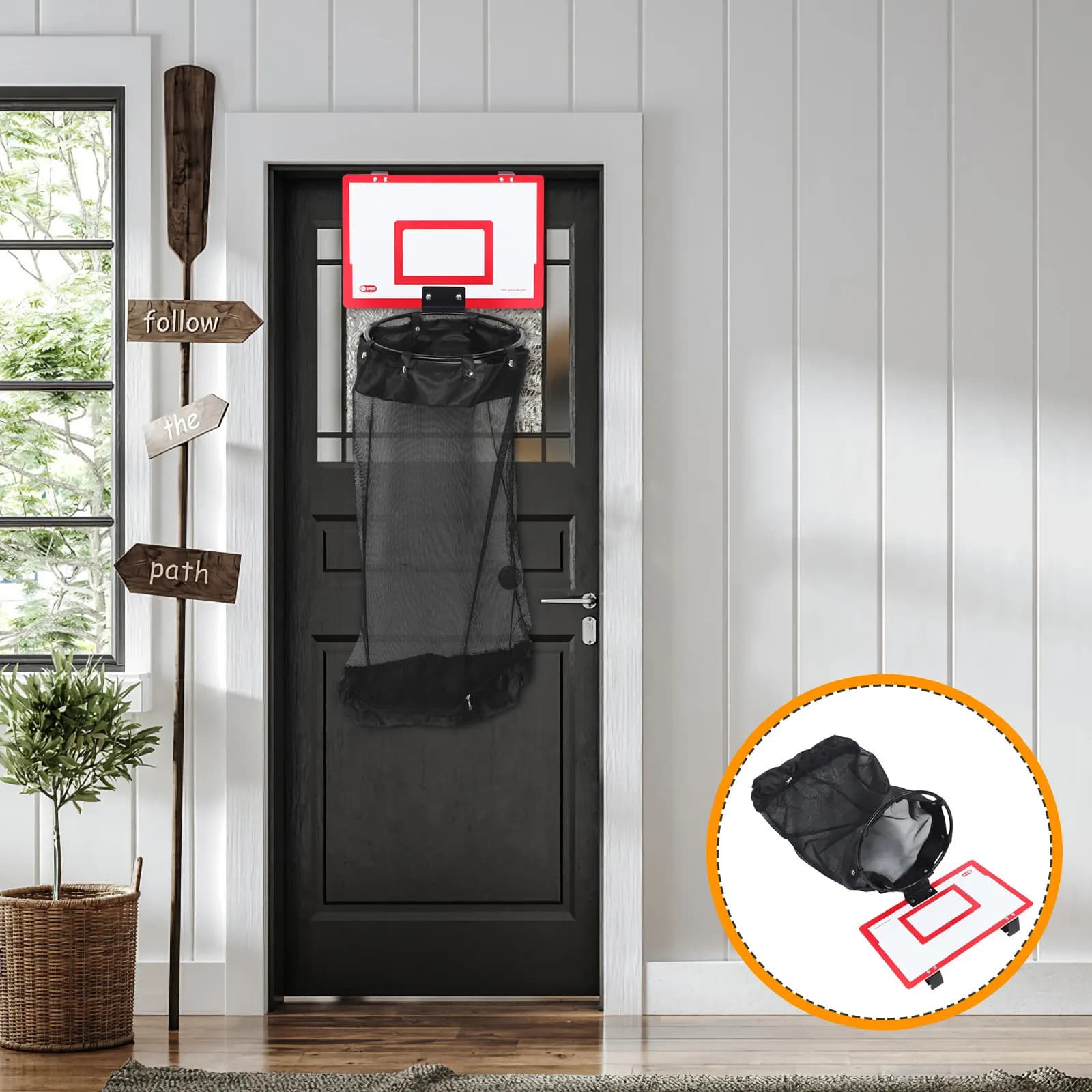 Basketball Laundry Hamper Hanging Mesh Bag Wooden Backboard Over Door Organizer Laundry Basket Men Dirty Clothes Bathroom Towels