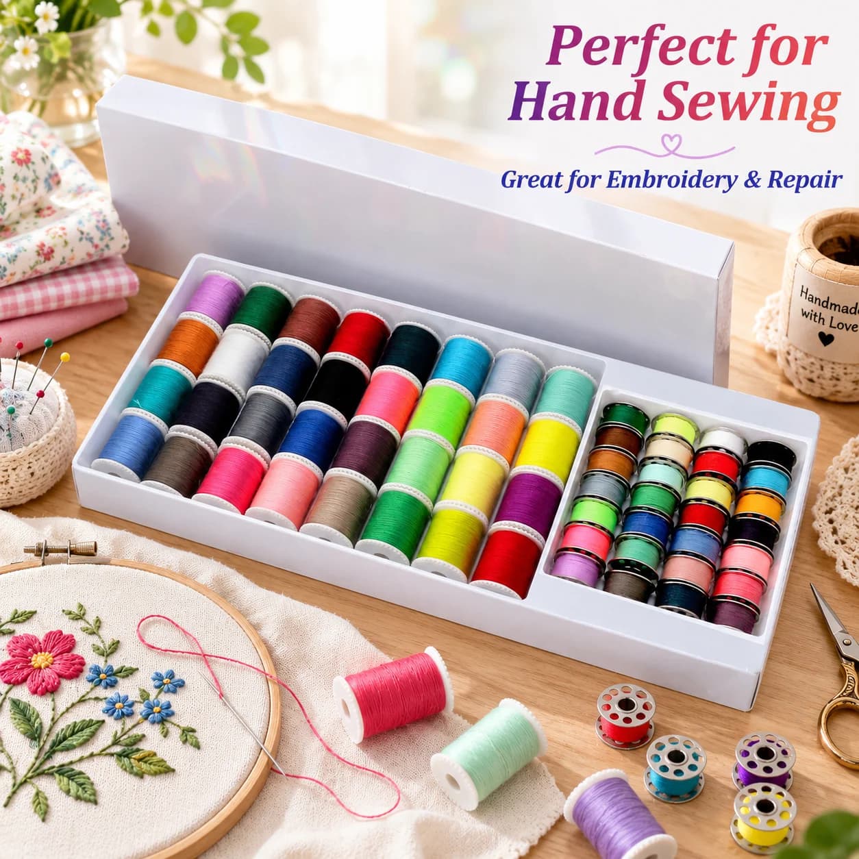 60Pcs Bobbins Sewing Thread Kit Polyester Mini Bobbins and Thread Spools for DIY Sewing, Hand Sewing Accessories