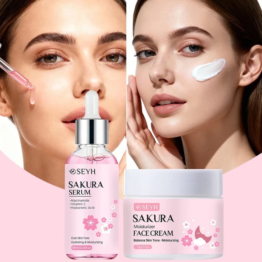 SEYH Sakura Face Essence + Moisturizing Cream 2-piece set Combo for skin care day and night with retinol extracts Aloe Vera and Sakura 72H Hydrat