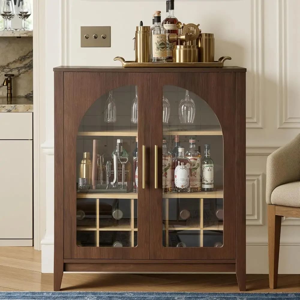 Walnut 31.5 Modern Sideboard with Wine & Glass Storage for Living, Dining Rooms
