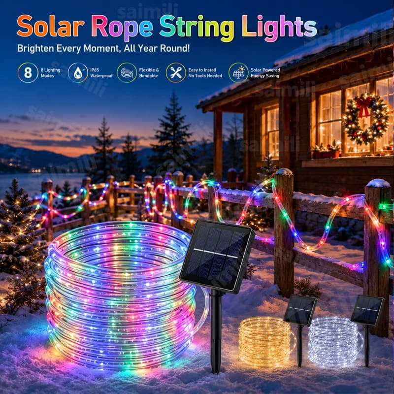 Outdoor Solar LED Fairy Lights Waterproof Rope Tube String Lamp for Garden Patio Christmas Holiday Home Party Decorations