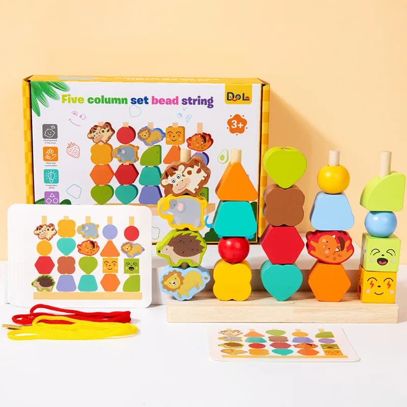 "5 pollici - 1 Giocattoli in legno Montessori: blocchi cognitivi di colori e forme, gioco di abbinamento e smistamento, design con perline - Educati precoce ideale