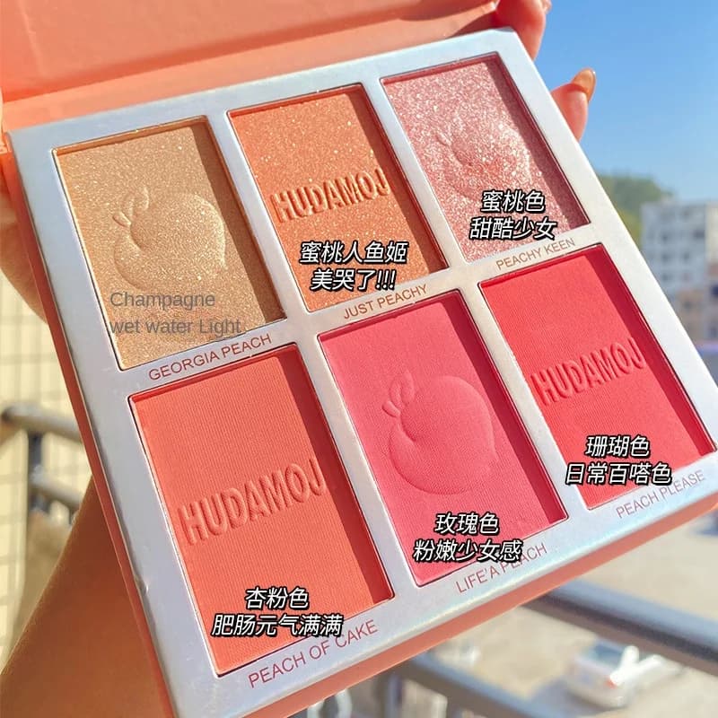 6 colori pesca evidenzia fard ombretto tavolozza trucco viso multifunzionale schiarente polvere scintillante ombretto luccicante