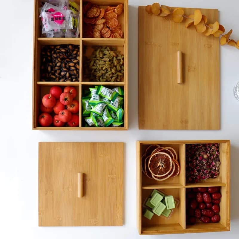 Scatole per snack con noci, rettangolari quadrati, in legno, per frutta secca, con coperchio, vassoio per snack, contenitore per caramelle
