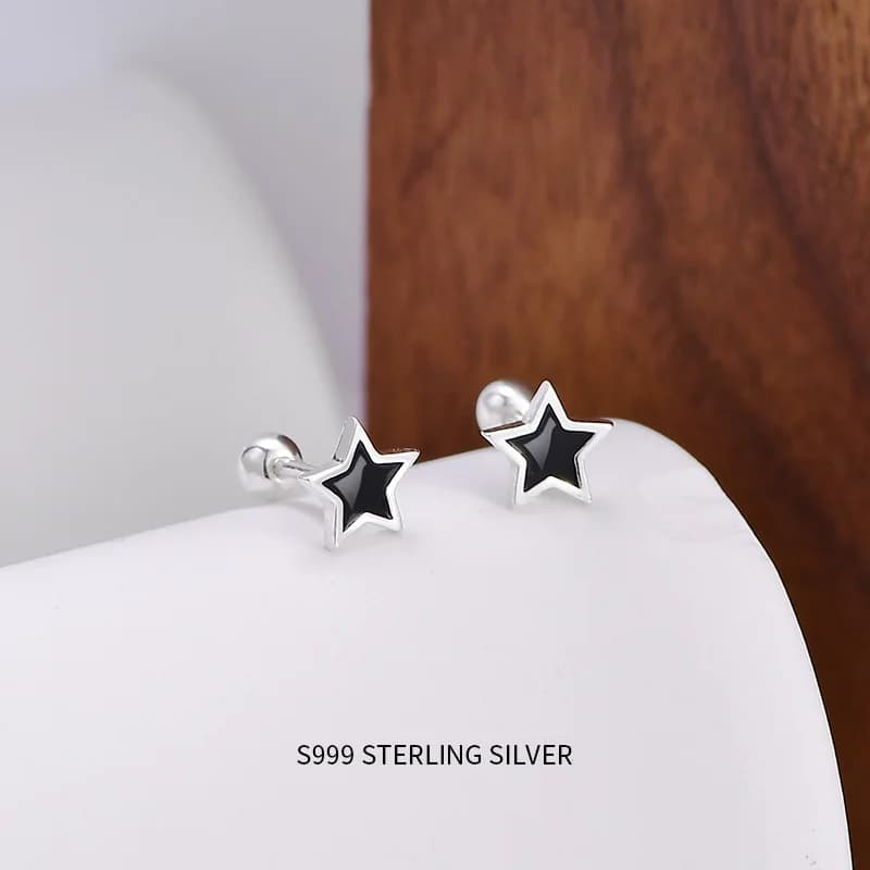 Orecchini a perno con stella in smalto nero in vero argento sterling 925 per donna, gioielli raffinati, accessori 2026