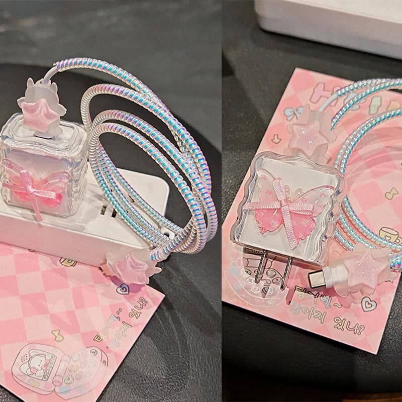 1 Set Pink Butterfly Data Cable Protective Sleeve For IPhone 17 16 15 18/20W Charger Head Protector Cover Anti-break Rope