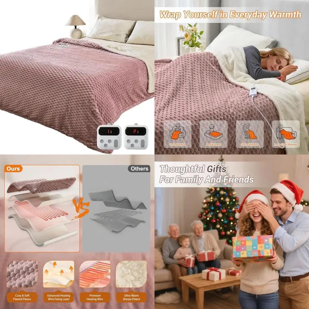 Coperta riscaldata elettrica king size 90x100, doppi controlli, 10 livelli di calore, spegnimento automatico, morbido pile, lavabile in lavatrice, rosa