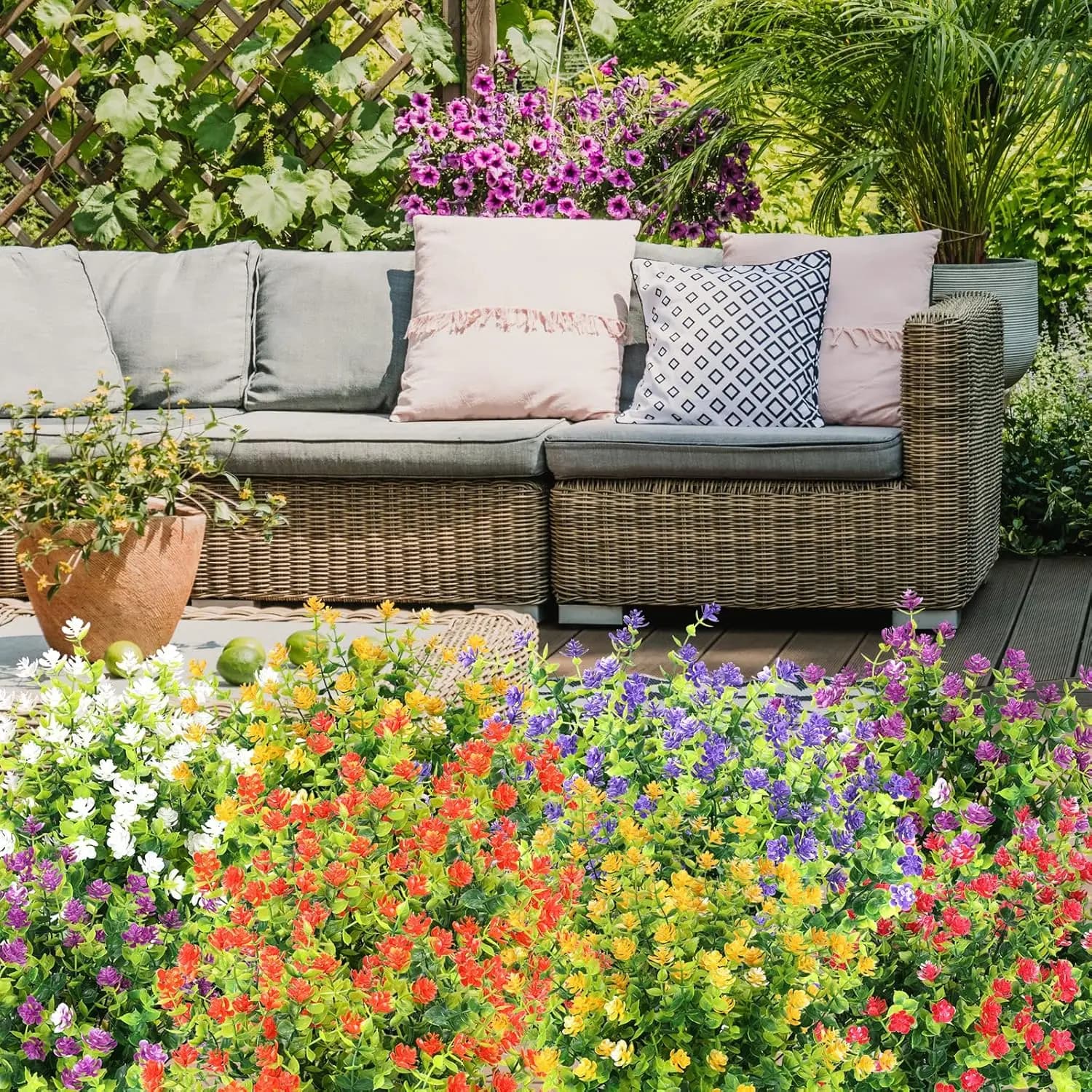 24 mazzi di fiori da 8 colori - Fiori da esterno per appendere piante, giardino, portico, finestra e piante di plastica sfuse per l'anno,