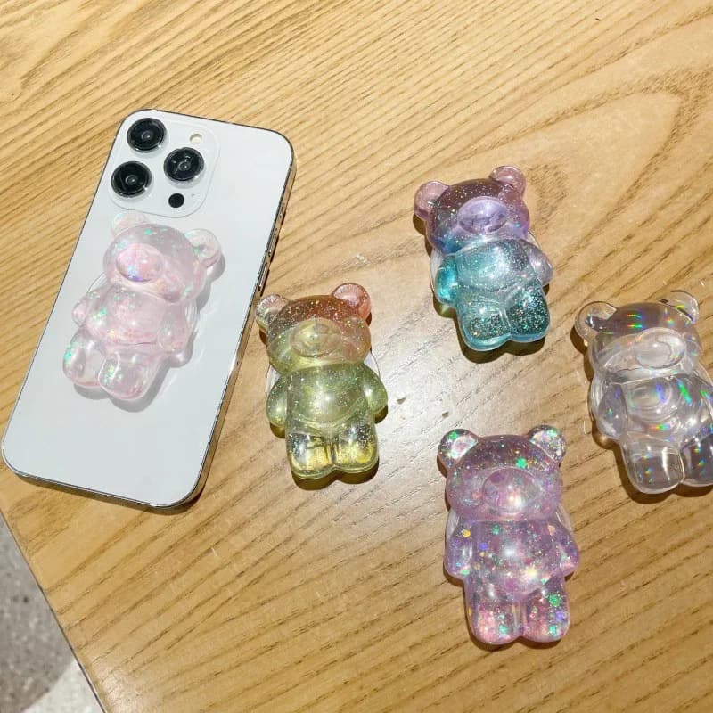 Supporto ad anello per cellulare 3D a forma di orso in vetro con effetto stellato, impugnatura pieghevole per tutti i telefoni