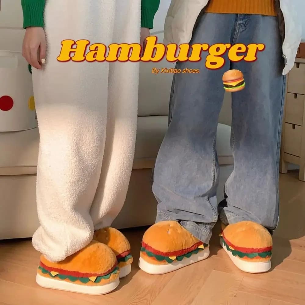 Creative Simulation Burger Slippers Soft Bottom Funny plush burger slippers 3D burger slides with non-slip thick sole