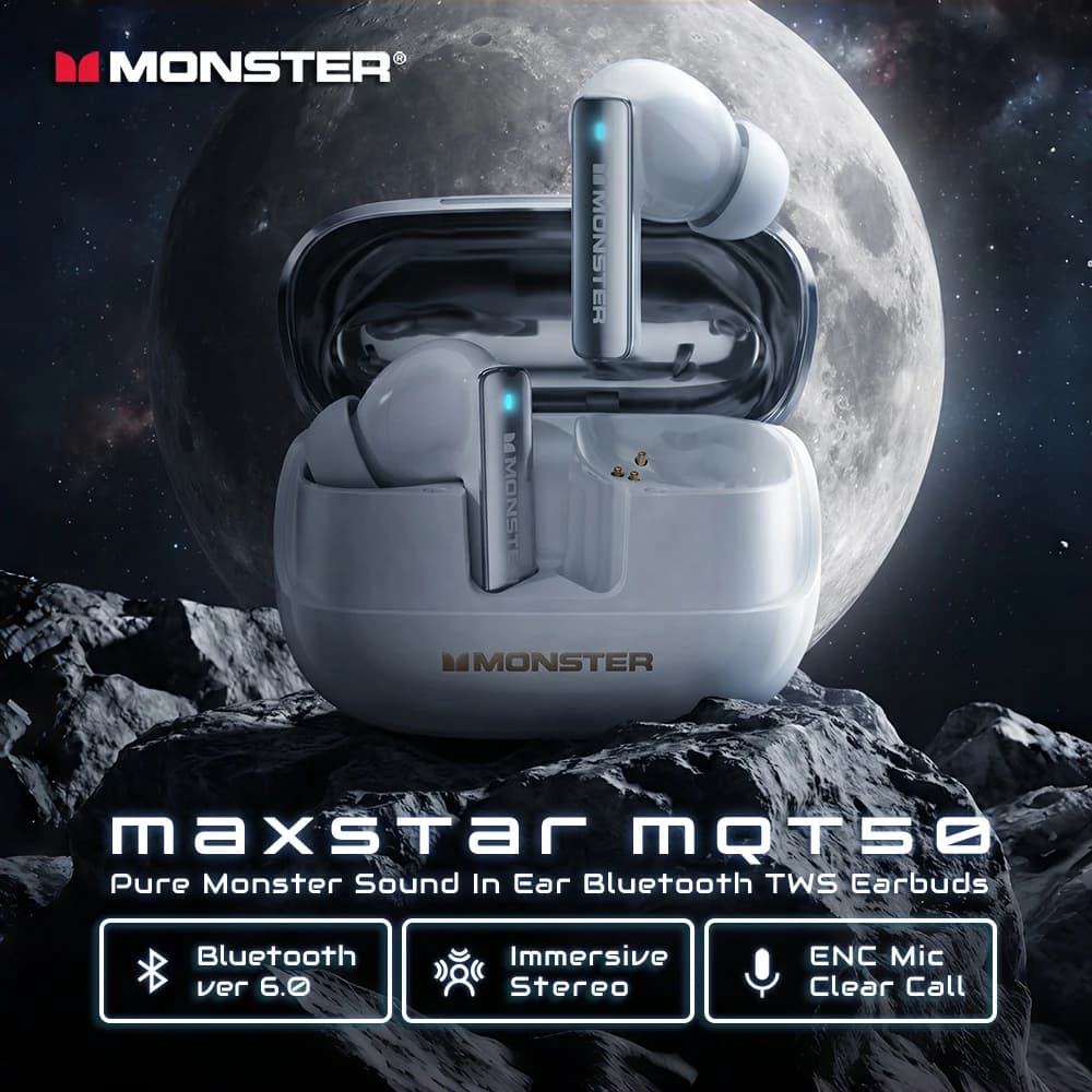 Monster Maxstar MQT50 Bluetooth 6.0 Headphones Punchy Deep Bass Sports Earphone ENC Call Noise Reduction TWS Wireless Earbuds