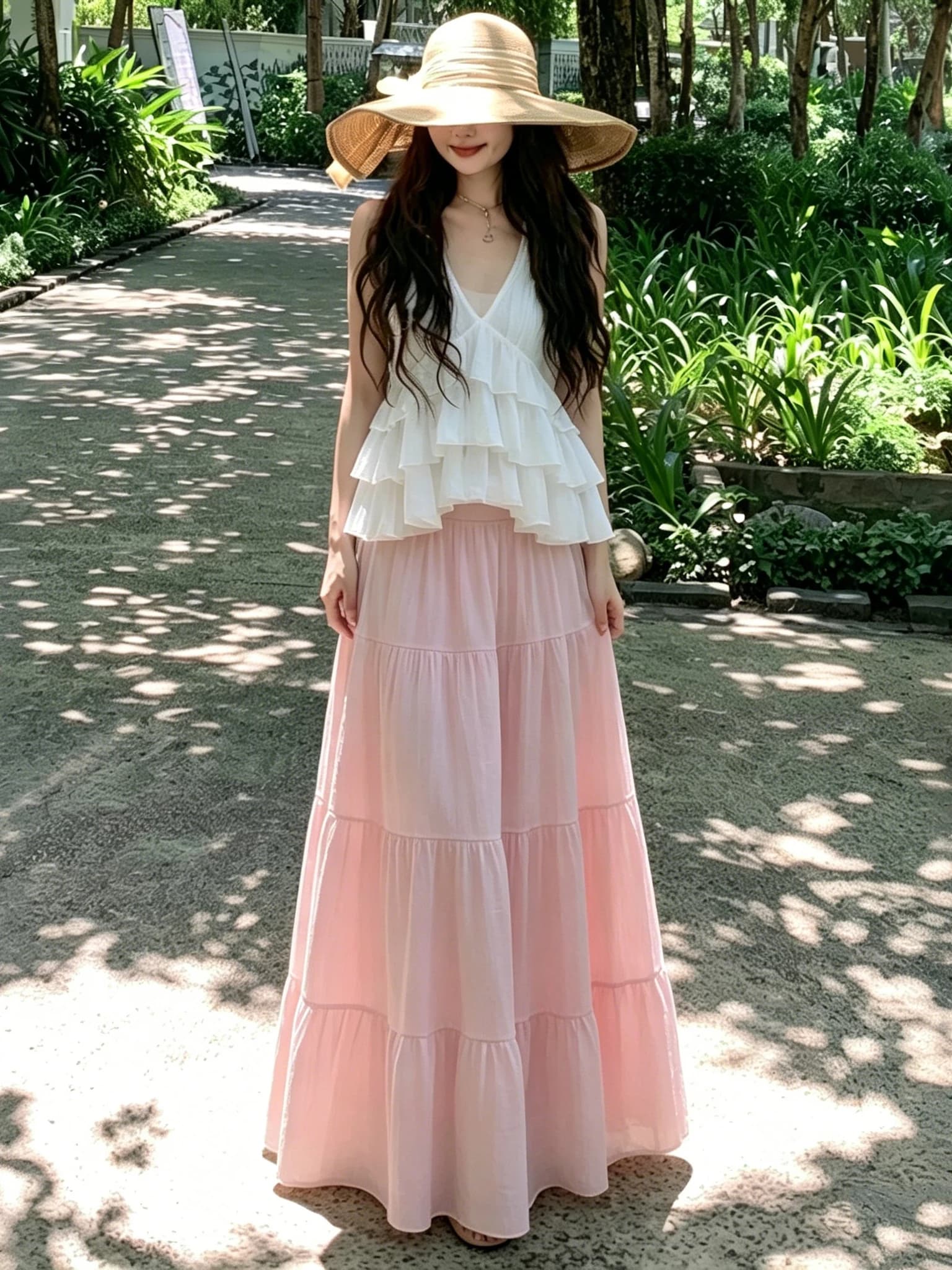 Gonna a trapezio in chiffon rosa con pieghe, da donna, estiva, taglia piccola, vita elasticizzata, modello sottile, a ombrello, a mezza lunghezza