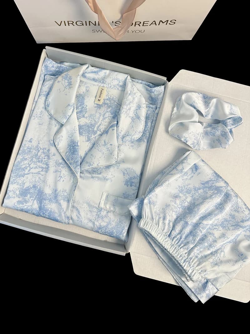 Indumenti da notte alla moda coreana Indumenti da notte in raso sintetico Pigiama da 2 pezzi Pigiama casual con pantaloncini Abiti da pittura a inchiostro morbido e liscio