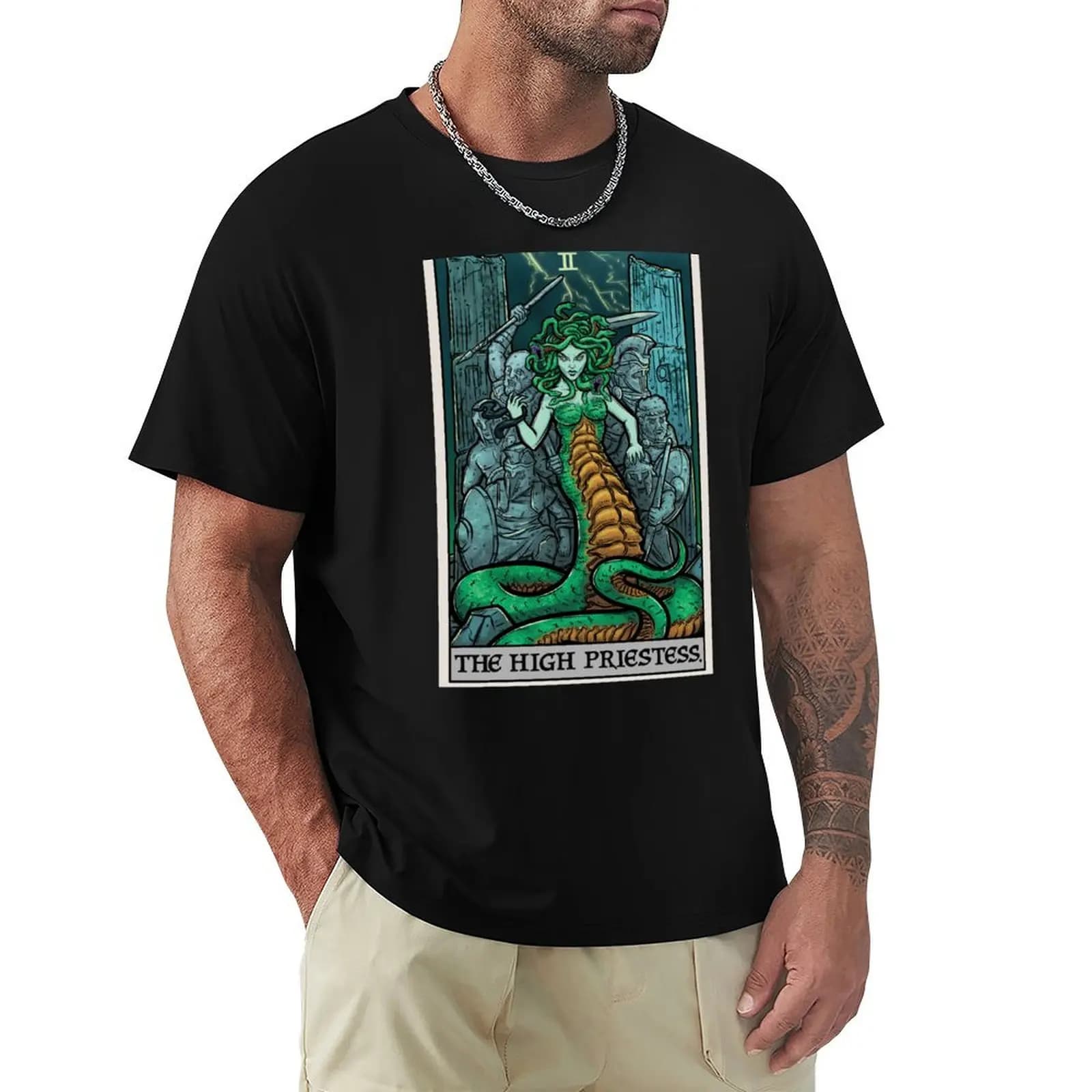 T-shirt con stampa della Carta dei Tarocchi della Alta Sacerdotessa, Medusa, Mitologia Greca, Gorgone, Horror, T-shirt semplice per le vacanze