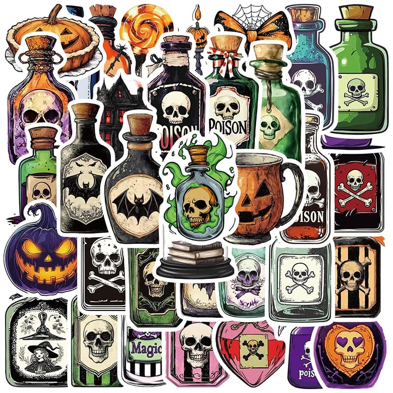 50 pezzi adesivi graffiti bottiglia teschio di Halloween bottiglia di medicina magica chitarra laptop moto casco busta decorazione decalcomanie