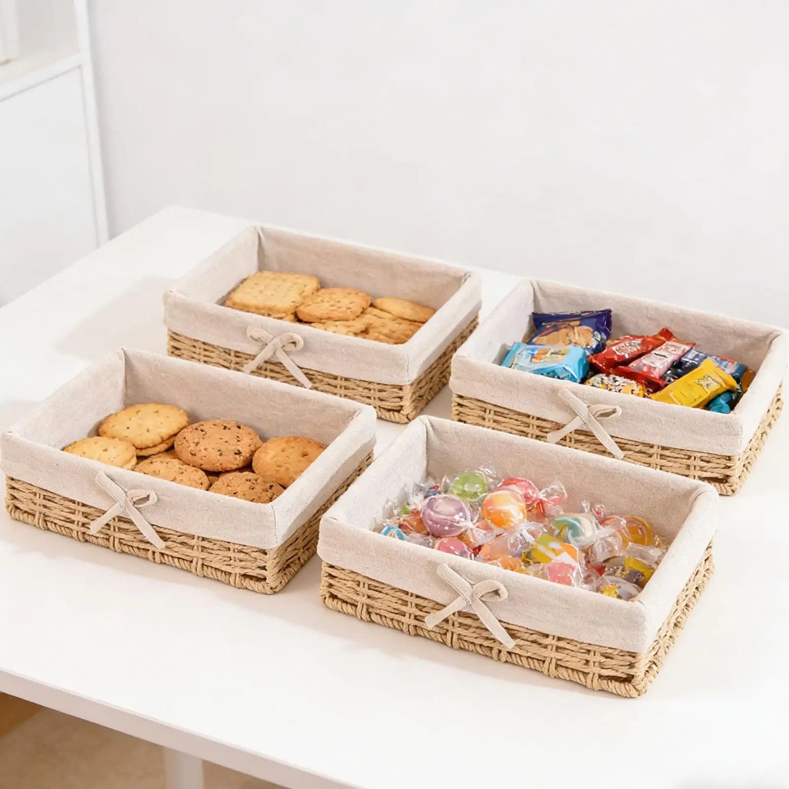 Cesti portaoggetti intrecciati impilabili in corda di carta, contenitori organizer per snack, per picnic, scaffali, conservazione alimenti, camera da letto