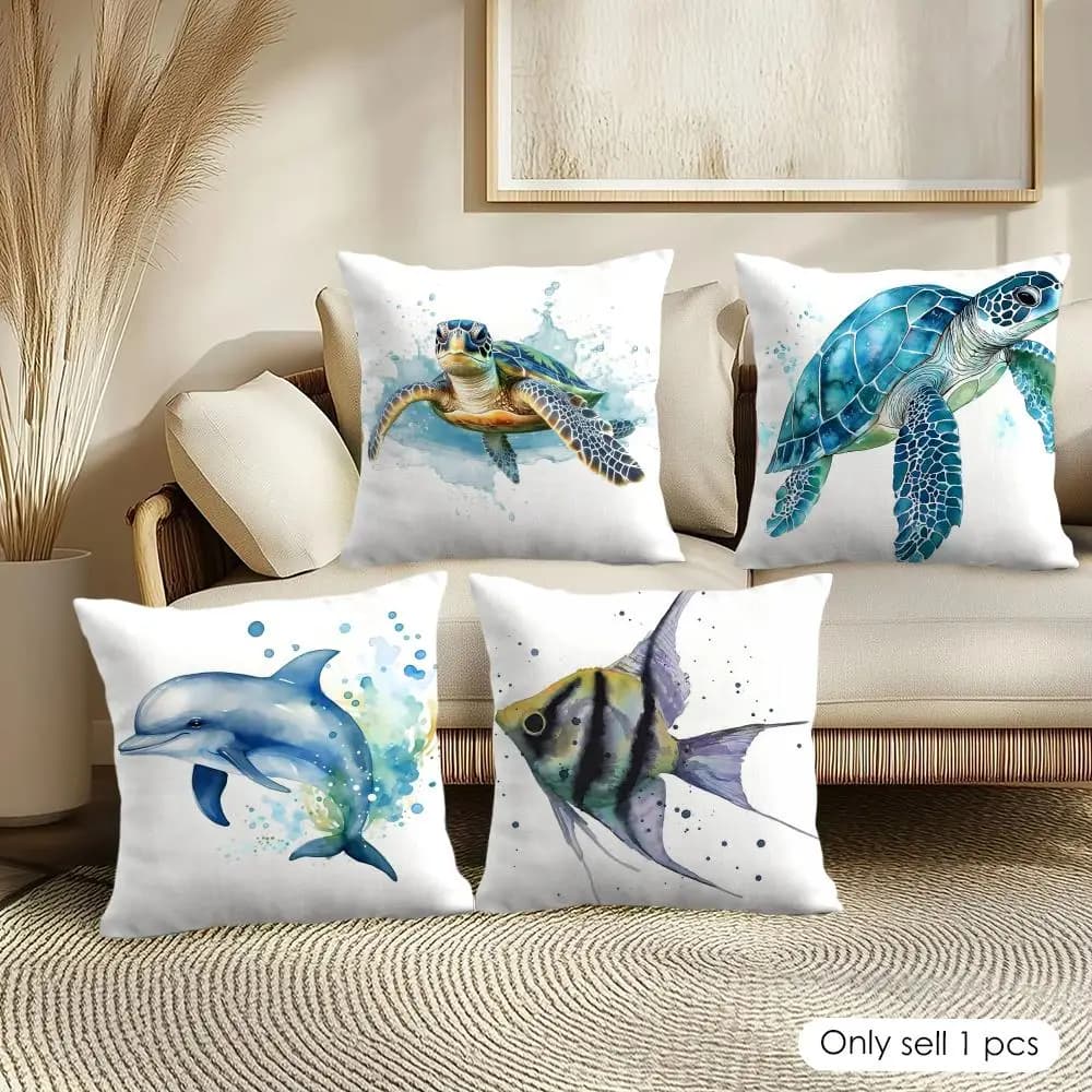 Fodera per cuscino con animali marini, tartarughe e coralli, in morbido peluche corto, texture liscia e accogliente, estetica, per decorazioni domestiche
