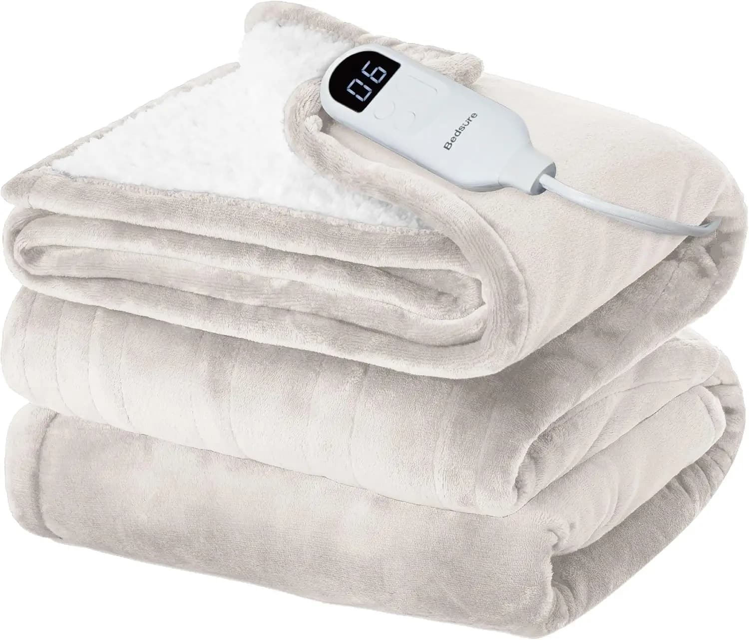 Coperta riscaldata in morbida flanella doppia, riscaldamento rapido con 10 volte e 6 impostazioni di calore, regalo caldo per la nonna (62x84 pollici, crema)