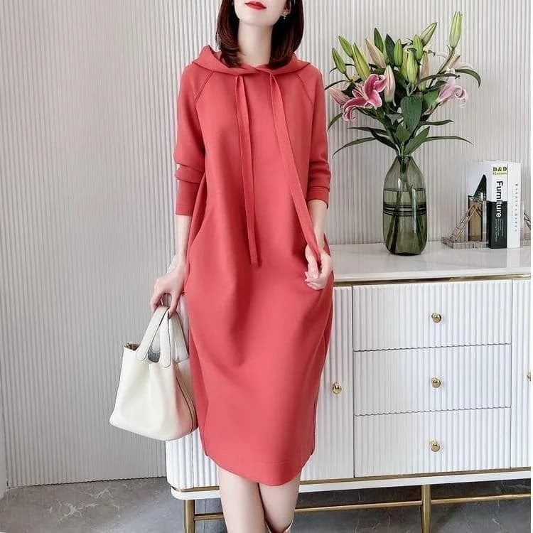 Elegante Abito Lungo a Maniche Lunghe Tinta Unita da Donna, Vestito Casual con Cappuccio, Moda Primavera Autunno, Abito Sottile a Trapezio