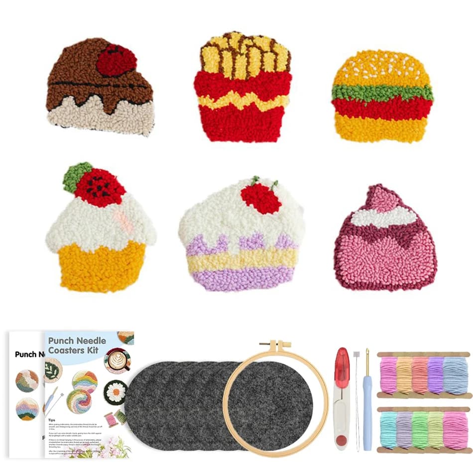 GATYZTORY Punch Needle Coasters Kit for Beginner 6Pcs Burger Cake Pattern Funny Art Tufted Rug Pads Punch Needle Embroidery Kit