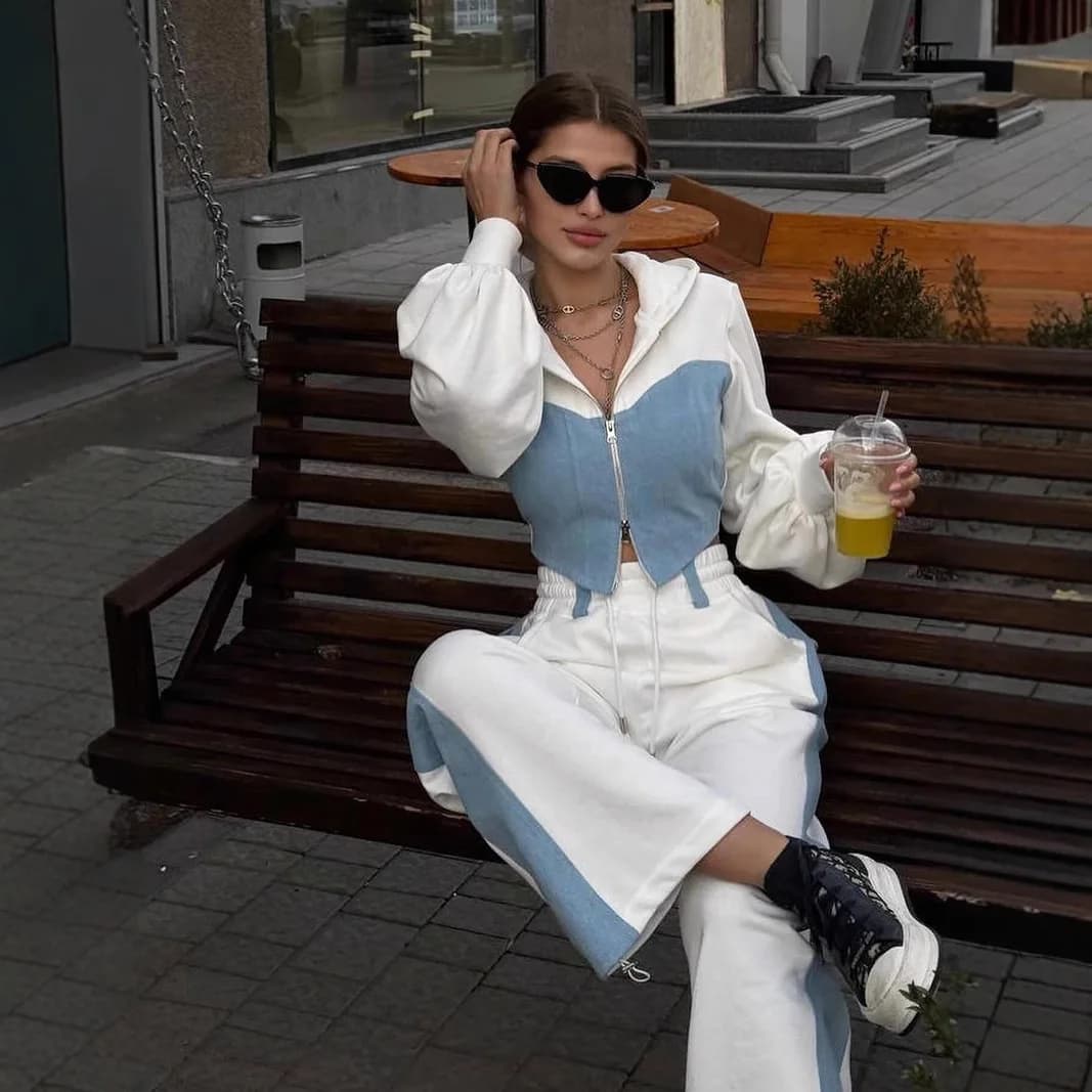 Set con cappuccio casual alla moda da donna con top e pantaloni con cappuccio patchwork in denim Set da due pezzi