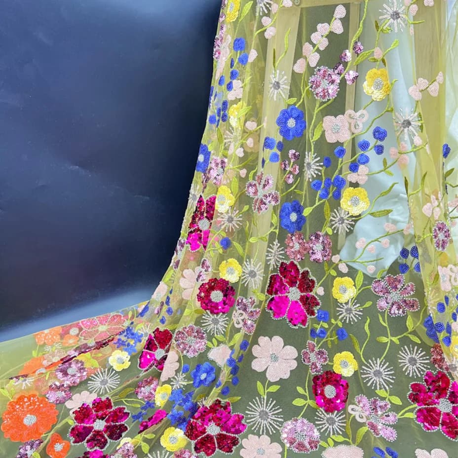 1 Yd 150cm Wide New Arrival Apricot Mesh Fabric with Rose Sequins, 3D Floral Beaded Lace Trim for Wedding Dresses and Gowns F039