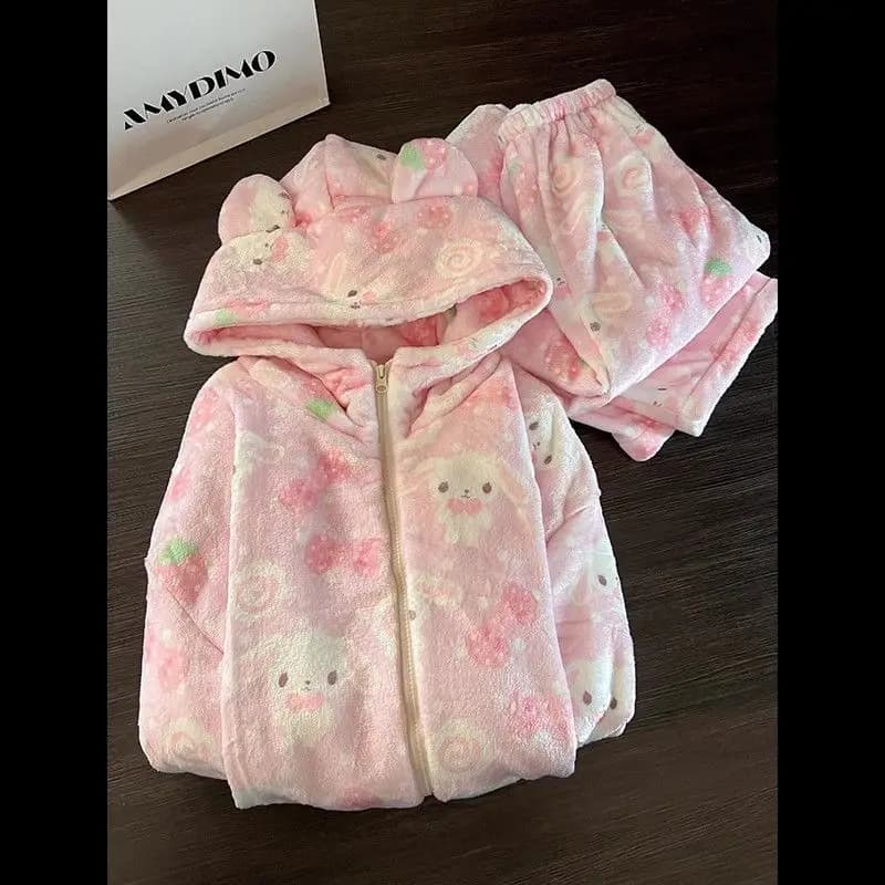 Pigiama invernale per ragazza cartone animato modello coniglio carino con cerniera con cappuccio foderato in pile addensare tenere al caldo comodo set di due pezzi per la casa