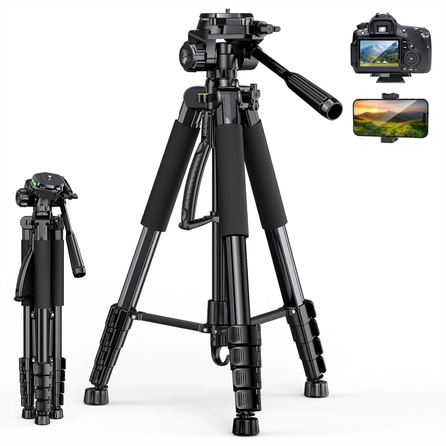 Treppiede per Fotocamera da 67 Pollici con Borsa da Viaggio, Telecomando Bluetooth e Supporto per Telefono, Compatibile con Tutte le Fotocamere, Cellulari, Proiettori, Webcam
