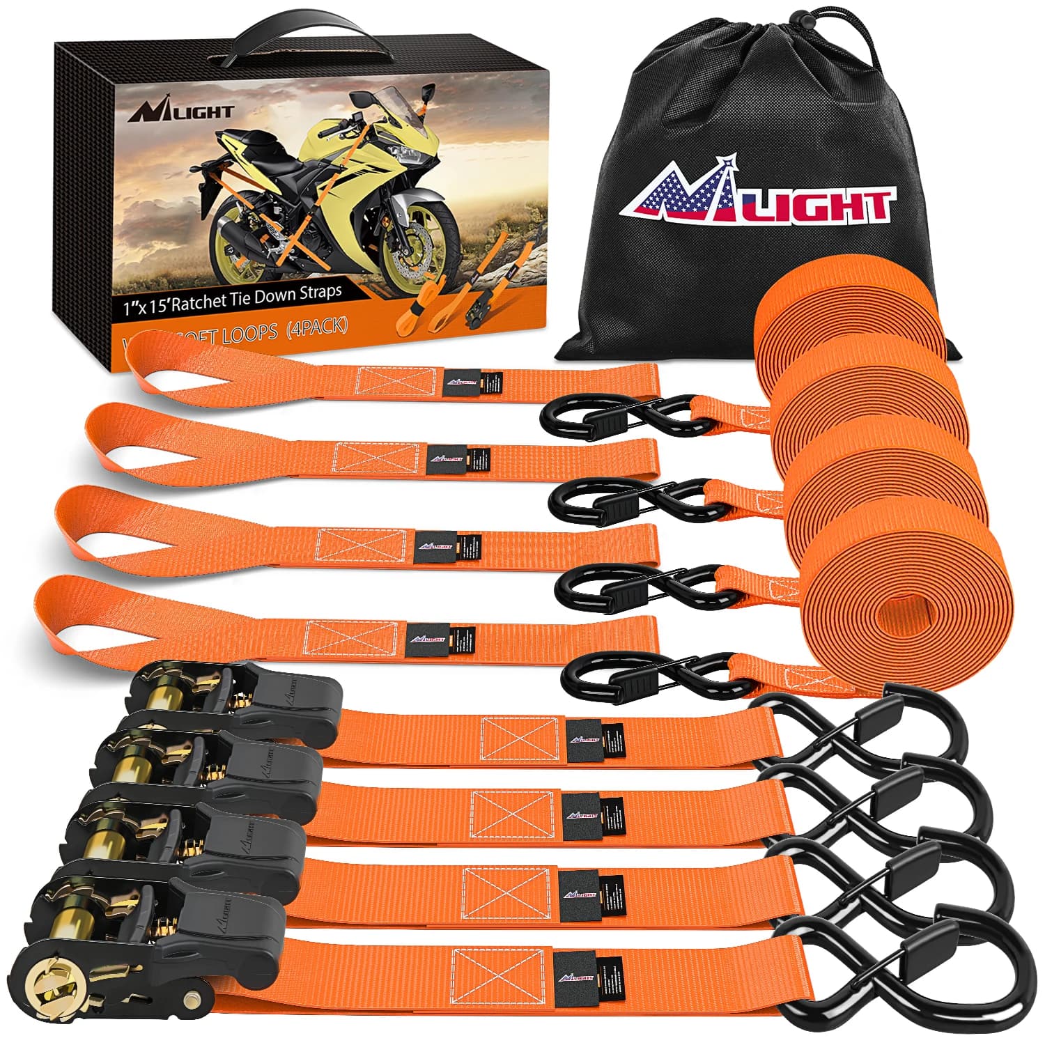 Nilight Ratchet Tie Down Straps 4500Lbs Max Break Strength 1”×15’ Heavy Duty Motorcycle Straps with S Hooks Rubber Handle and 1” ×12’ Soft Loop for UTV Motorcycle Moving Securing Cargo (Orange 4 Pack)