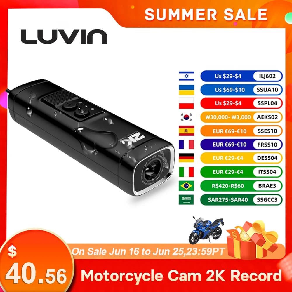 Dash Cam per moto Luvin-V8, Videoregistratore, App WiFi, Impermeabile, Sensore G, Loopcycle, Visione notturna, Guida a motore, 2K, 1440P