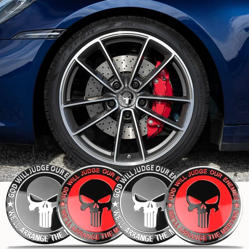 Adesivo per coprimozzo per auto con teschio da 4 pezzi, decorazione per adesivo per auto personalizzato, adesivo per auto in alluminio da 56 mm