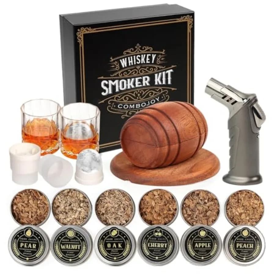 Kit Affumicatore per Whisky con Torcia - 6 Aromi di Trucioli di Legno, 2 Bicchieri, 2 Stampi per Sfere di Ghiaccio - Kit Infusore Affumicatore per Cocktail Old Fashioned