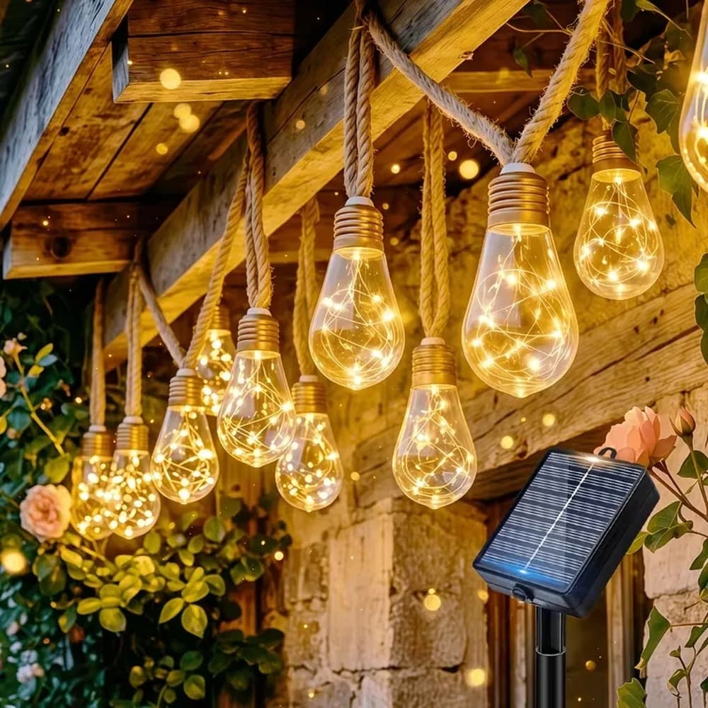 Solar String Lights Hemp Rope Edison Bulb Fairy Lights Solar Powered Warm White for Garden Patio Porch Yard Halloween Decor