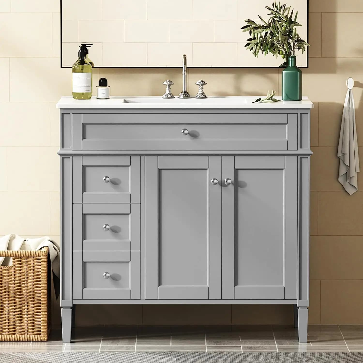 36" Bathroom Vanity with Sink, Solid Wood Frame Modern Bathroom Vanity, Bathroom Single Sink Cabinet with Charging, Customized