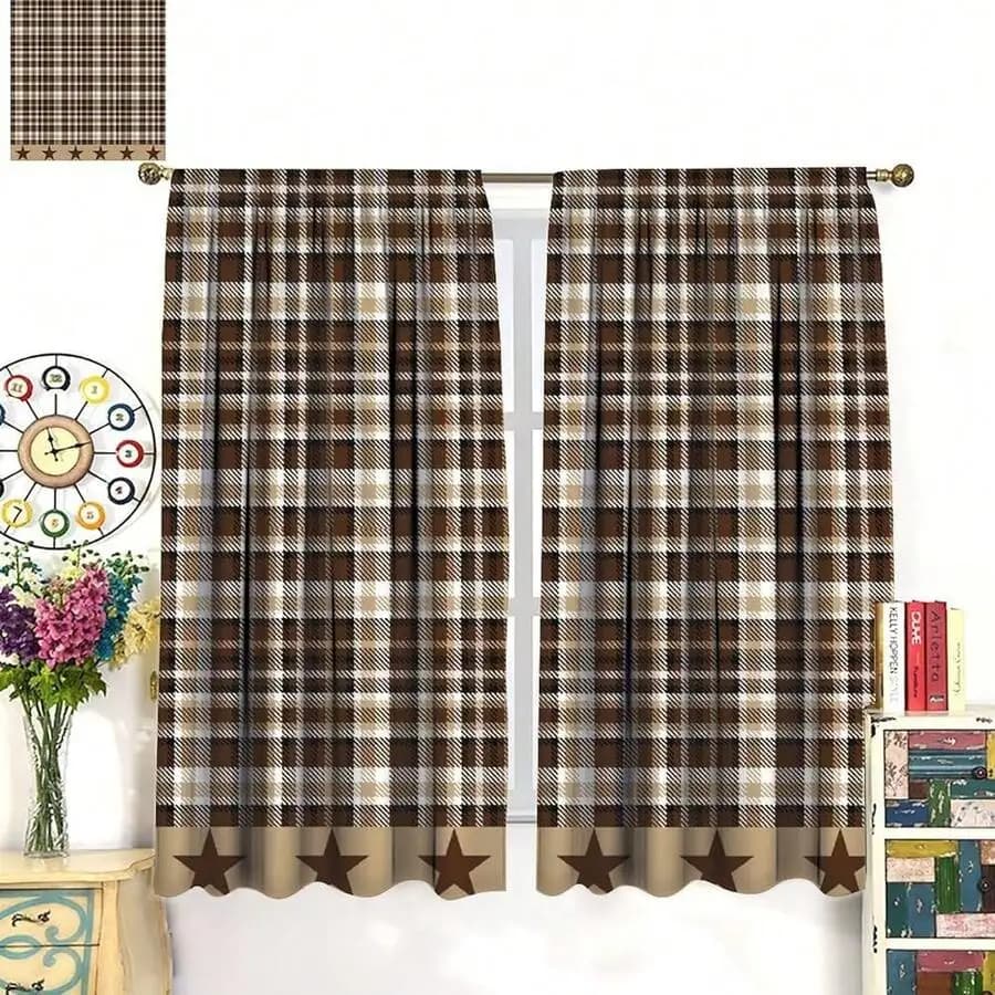 Country Plaid Star Print Rod Pocket Curtain For Living Room Bedroom