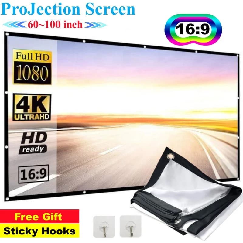 Projector Screen 16:9 Portable Projection Screen 60-100inch Outdoor HD Movie Screen 180° Cinema Screen For Travel Home Theater
