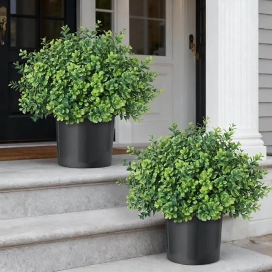 Set of 2 Artificial Bosso Trees for Input - Realistic Fin Plants in Vase, Fake Exterior Bush Resistant to UV Rays