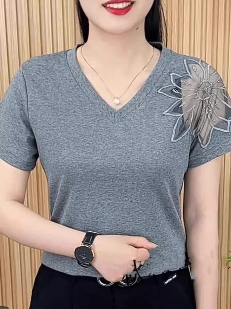 New Pure Color V-Neck Short Sleeve T-Shirt Women's Fashionable Summer Slimming Hollow out Top for Middle-Aged Mothers