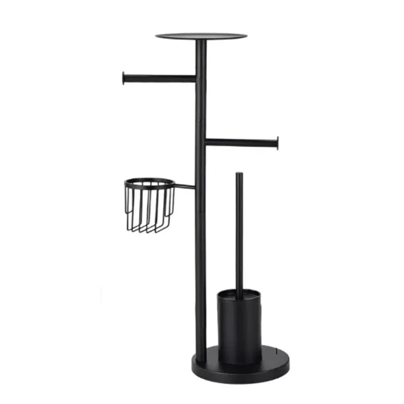 Freestanding Toilet Paper Holder with Toilet Brush 360° Rotatable Bathroom Tissue Organizer with Storage Basket Top Shelf
