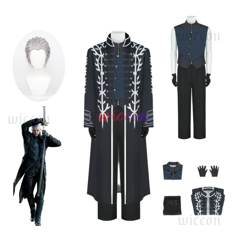 Gioco caldo DMC5 Cosplay Vergil Costume Cosplay Nelo Vestito completo Vergil Parrucca Carnevale di Halloween Abito da uomo Giacca Gilet su misura