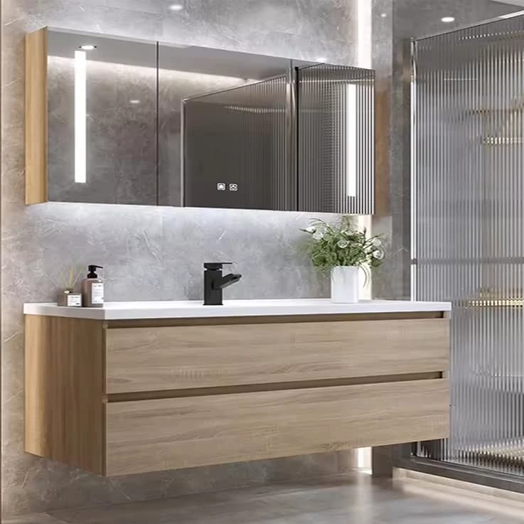 Modern Wooden Wall-Hung Bathroom Furniture With LED Mirror And Basin Sink Sets MDF Carcase Factory Direct Sale For Hotels