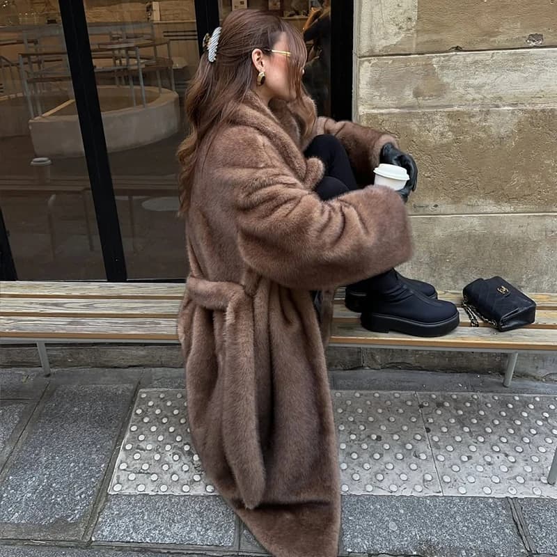 Luxury Long Belted Faux Mink Fur Coat Women 2026 New Winter Thick Warm Overcoat Chic Street Fashion Fake Fur Coat Outerwear