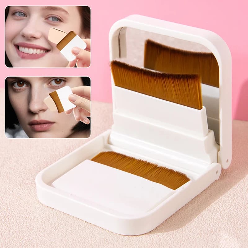 Ultra slim 2-piece compact foundation brush with mirror box, easy to carry, flat head makeup brush, trace-free replaceable makeup tools